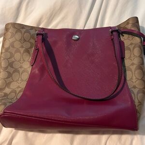 Coach monogram tote with wine color accent